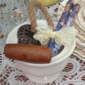 White Ceramic Pot with Brown and Blue Accents